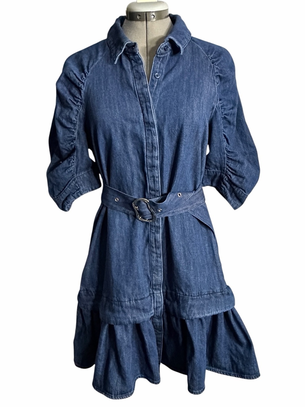 Sam Edelman Dark Denim Button Front Tiered Dress w/ Belt and Volume Sleeve Small